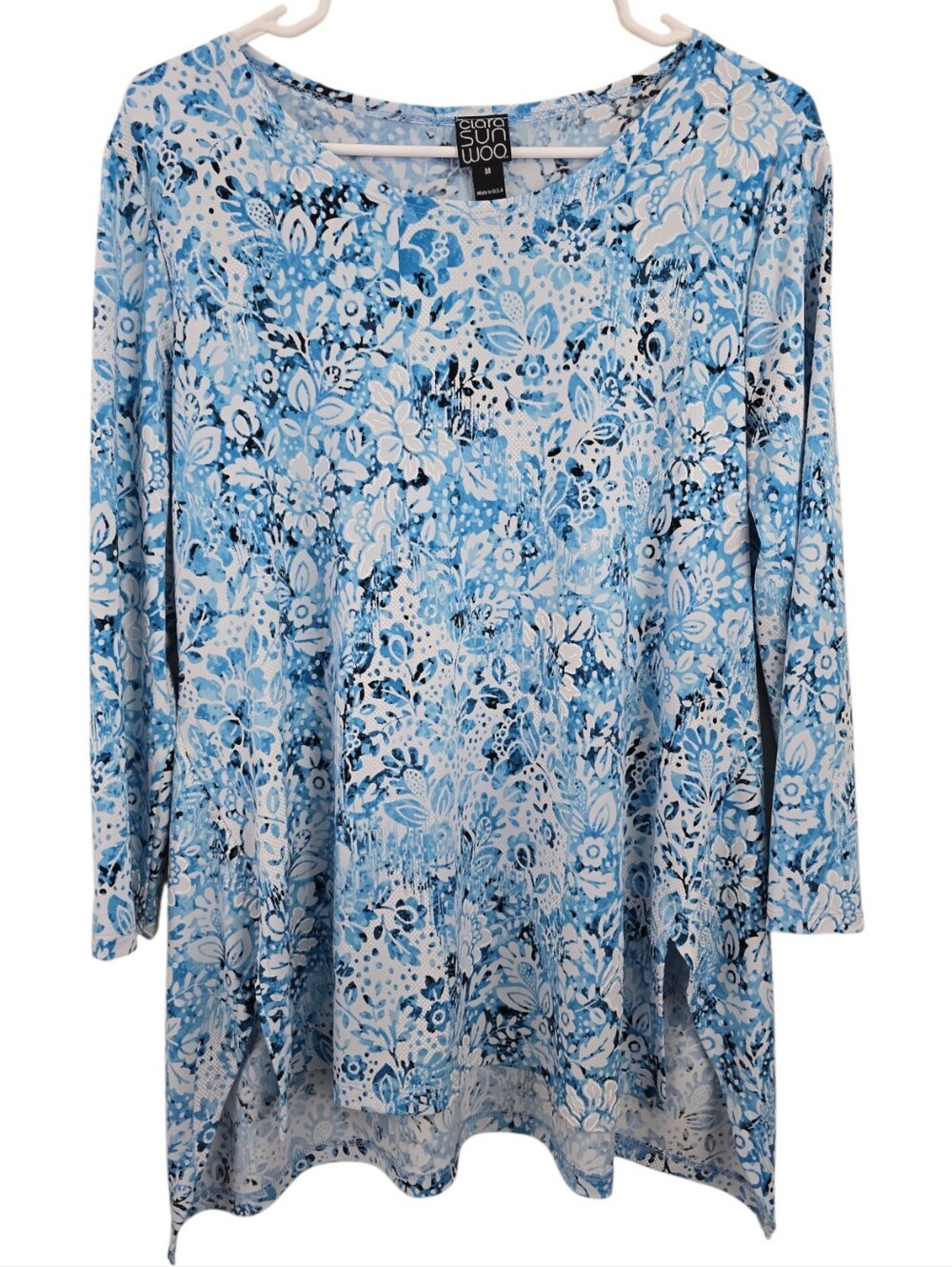 Clara Sun Woo Tunic Top Size M Asymmetrical Textured Parachute Hem Stretchy
